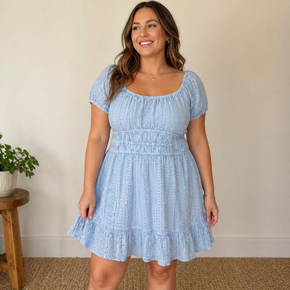 Sim and Sam Dress Blue Eyelet Ruffle Hem Size Large Boho Coastal Milkmaid